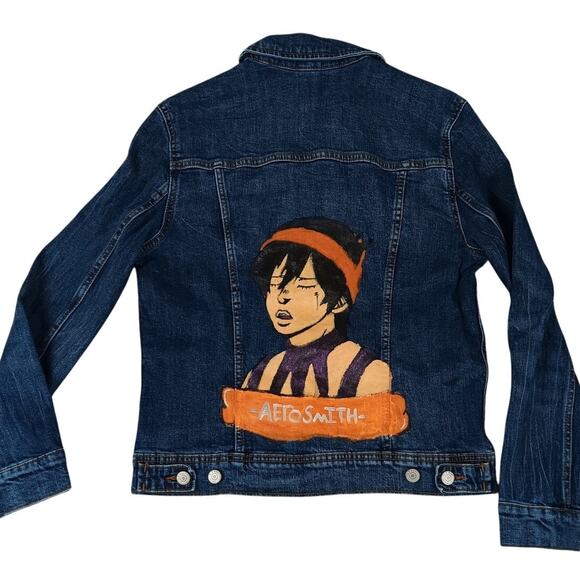 Old Navy Custom Jean Jacket Women's Medium Blue "Aerosmith" Hand Painted Cropped - Picture 1 of 13